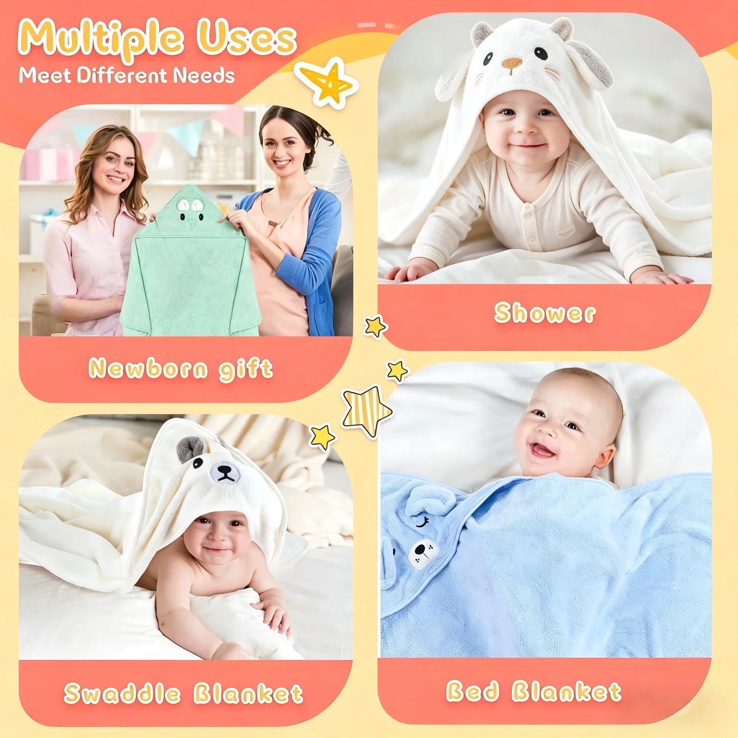 1 Piece of Multifunctional Absorbent Baby Bath Towel, Suitable for Infants and Toddlers Aged 0-2, Soft and Comfortable, with Cute Animal Cartoon Design, Machine Washable, Skin-Friendly and Soft, Baby Bath Towel, Gift for Your