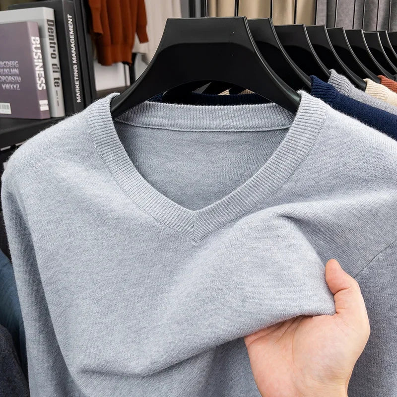 2026 Men's V-Neck Basic Solid Color Sweatshirt Warm Autumn Knitted Oversize Pullover Elastic round Neck Sweater for Casual Wear