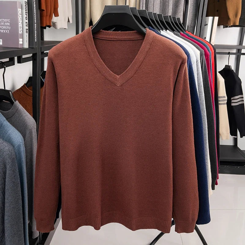 2026 Men's V-Neck Basic Solid Color Sweatshirt Warm Autumn Knitted Oversize Pullover Elastic round Neck Sweater for Casual Wear