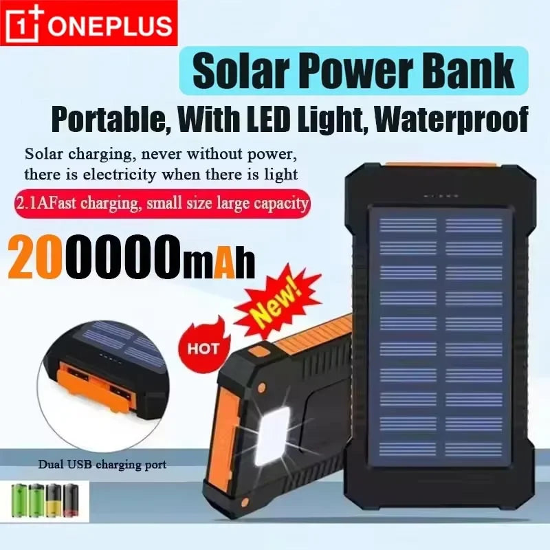 OnePlus 200000mAh Solar Power Bank Portable Large Capacity Charger Compatible USB-A And USB-C With Flashlight For IPhone Huawei