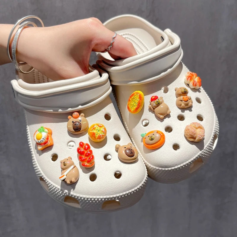 Yummy Food Theme Capybara Shoes Charms Set For Accessories Plastics Decorations Summer Sandals Detachable For Party Gifts