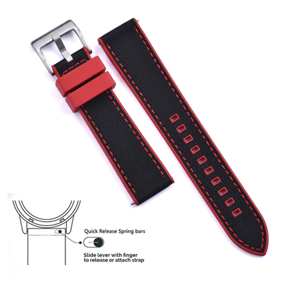 High Quality FKM Canvas Watch Strap 20mm 22mm Hybrid Fluoro Rubber Nylon Watchbands Quick Release For Each Brand Diving Watches