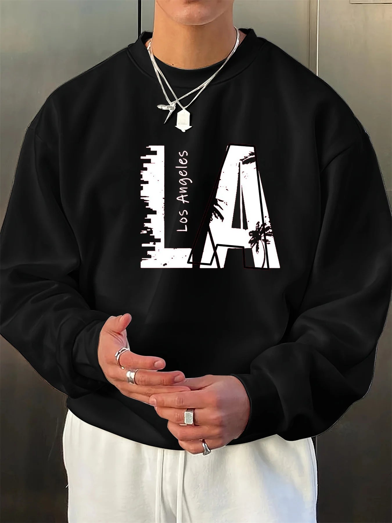 Men's autumn and winter fashionable casual loose Los Angeles LA letter graphic printed long sleeved round neck sweatshirt