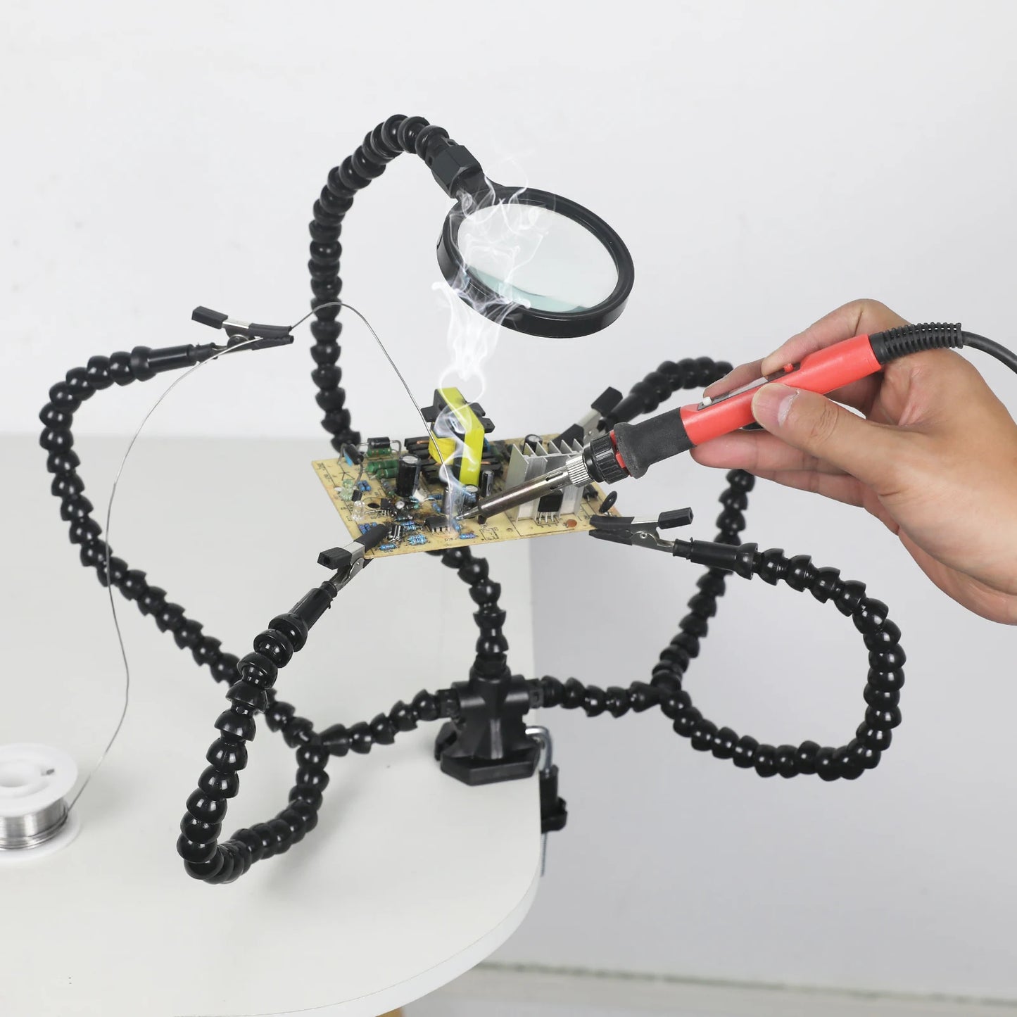 Toolour Helping Hand Soldering Third Hands with 6 Flexible Arms LED Flashlight Magnifying Glass Welding Smoke Exhaust Fan