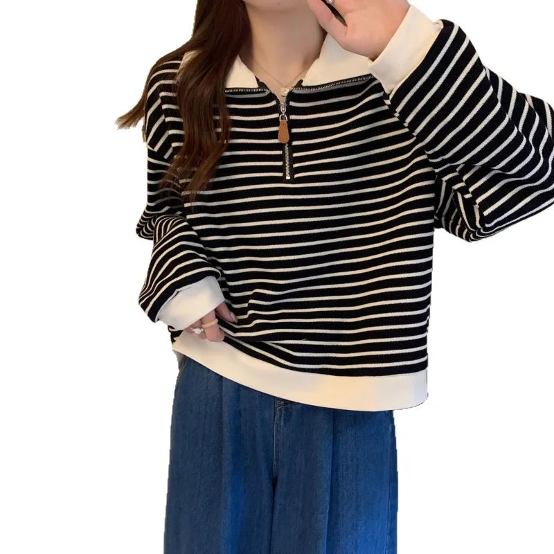 Women Striped Half Zip Sweatshirt Long Sleeve Collared Pullover Casual Fit  Fashion Oversized Streetwear Tops 2026 Tendencias