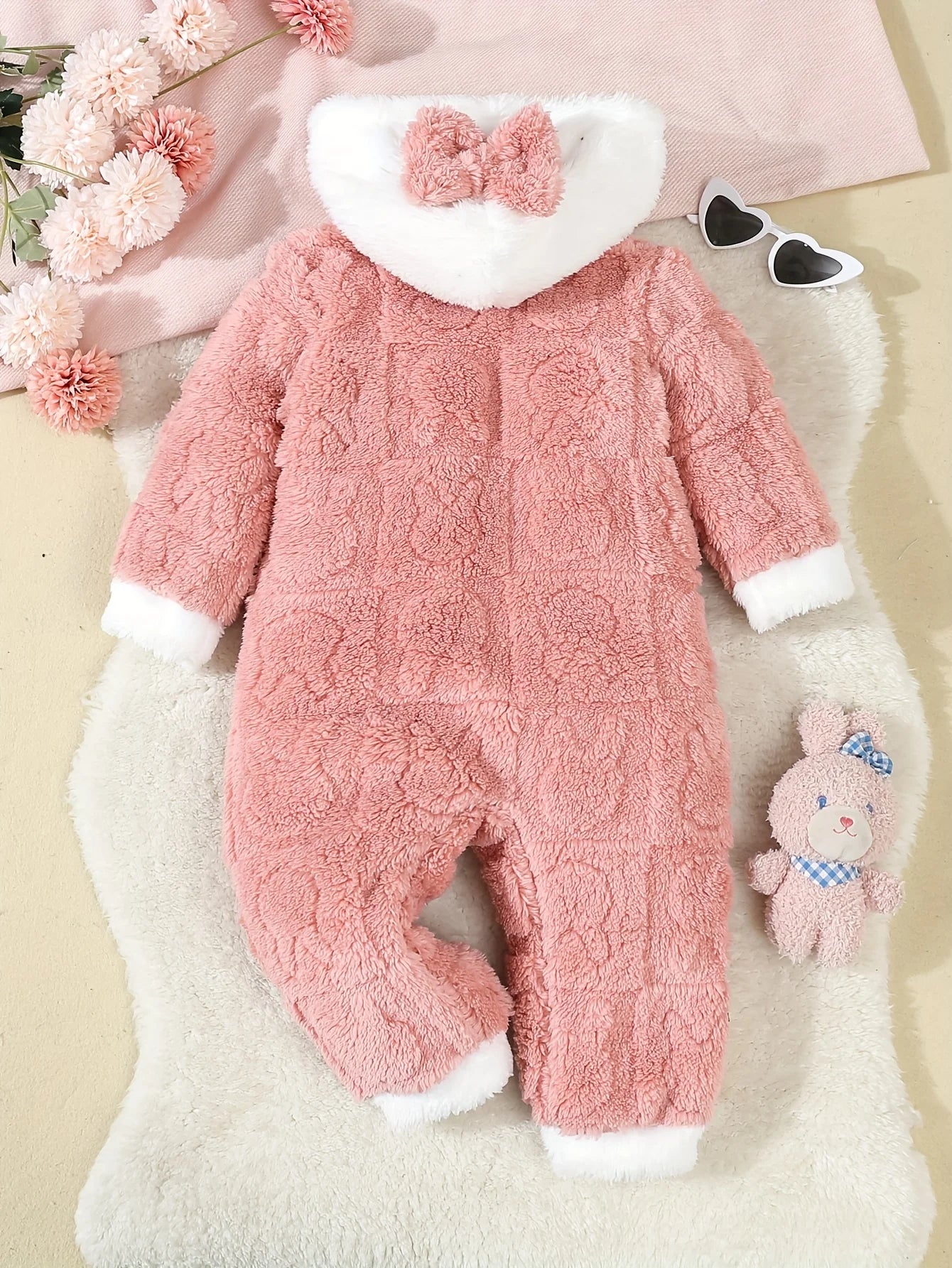 Autumn And Winter Jacquard Rabbit Plush Hooded Dress For Baby Girls, Winter Warm One-Piece Dress