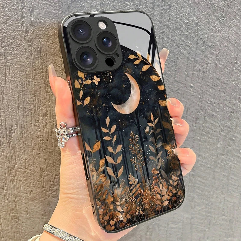 Minimalist Grass Jungle Moon Pattern Tempered Glass Phone Case For iPhone 16 15 14 13 12 11 17 Pro Max 16E 7 Plus XR XS X Cover