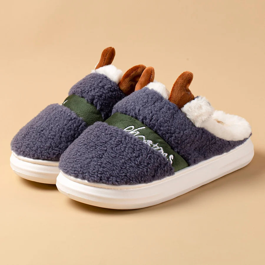 New 2025 Thick Sole Christmas Deer Slippers Women Men Indoor Warm Slipper Soft Plush Home Floor Lovers Winter Platform Shoes
