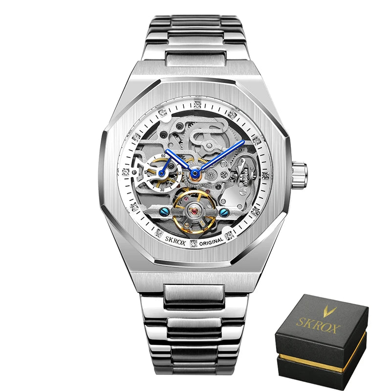2024SKROX Luxury Gold Diamond Octagonal Automatic Clock Man Watch Elegant Stainless Steel Skeleton Mechanical Male Wrist Watches