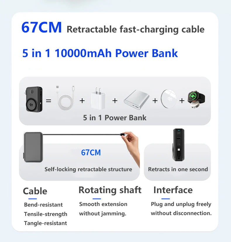 Solid-state Battery 65W GaN USB C Charger Power Bank Qi2.2 25W Magnetic Wireless Fast Charger for iPhone iWatch Laptop Powerbank