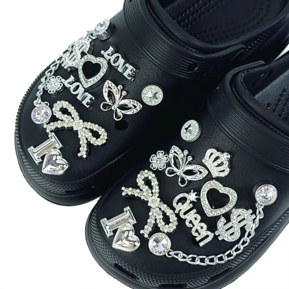 20PCS Shoe Charm Set Silver Crown Letter Butterfly Diamond Chain Shoe Decorations  Buckle for Sandals Clogs DIY Accessories Gift