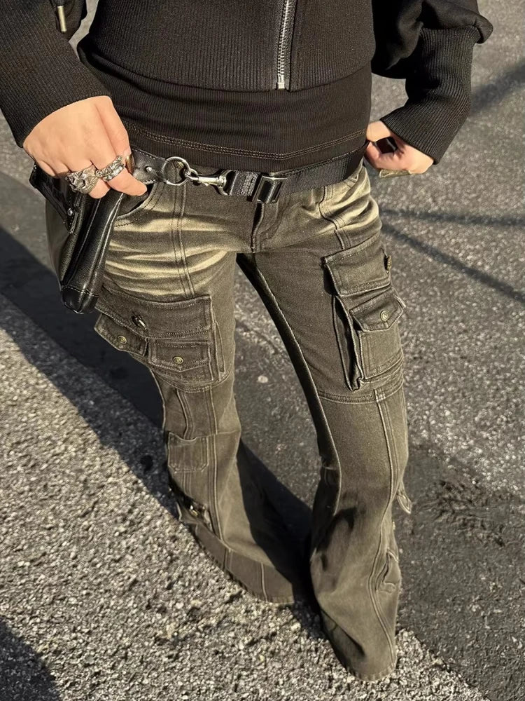 Deeptown Y2k Vintage Punk Women Flared Jeans Harajuku Distressed Low Waist American Style Denim Cargo Pants Grunge Gyaru Casual