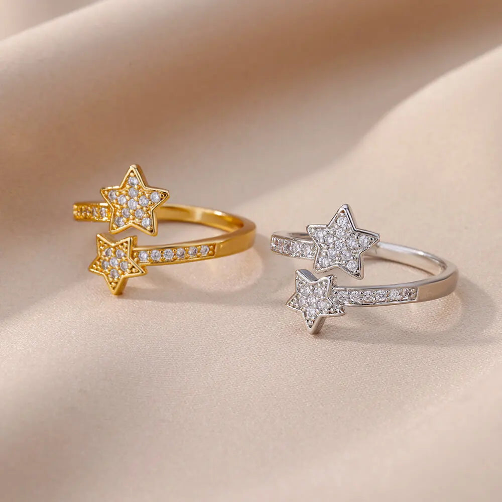 Zircon Double Star Rings For Women Gold Color Stainless Steel Opening Stars Finger Ring Wedding Party Aesthetic Jewelry Gift