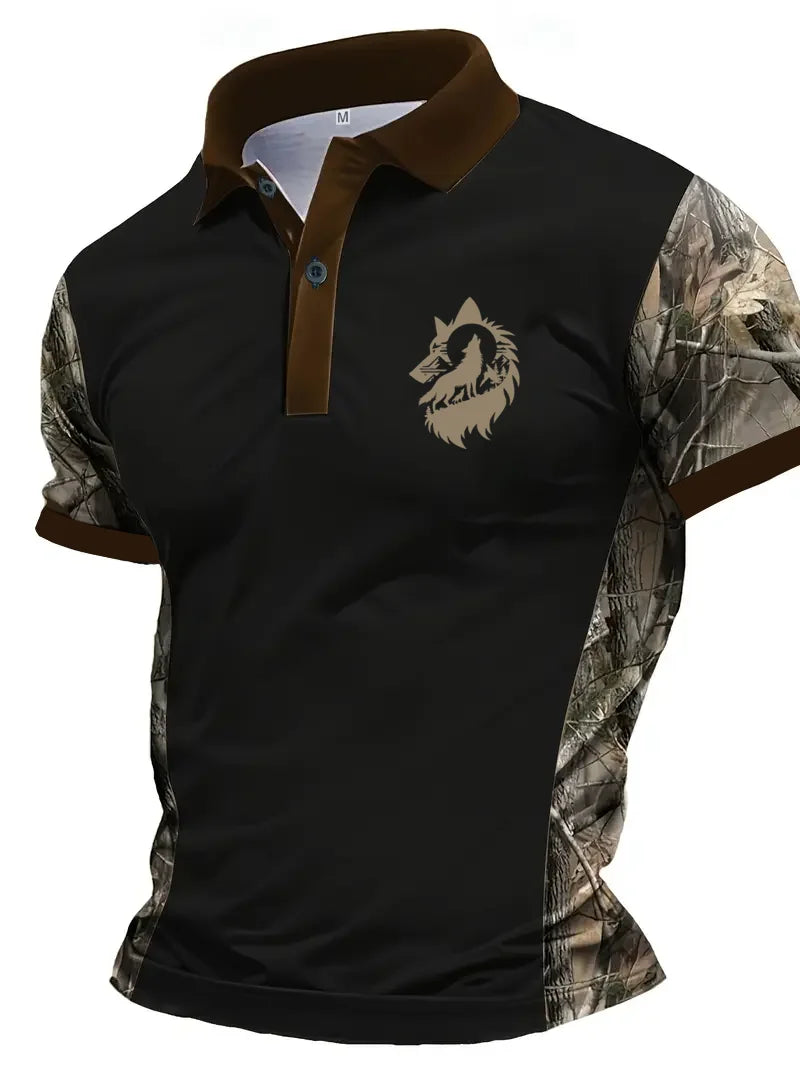 New color blocking camouflage printed short sleeved polo shirt summer fashion men's wolf print casual sports T-shirt