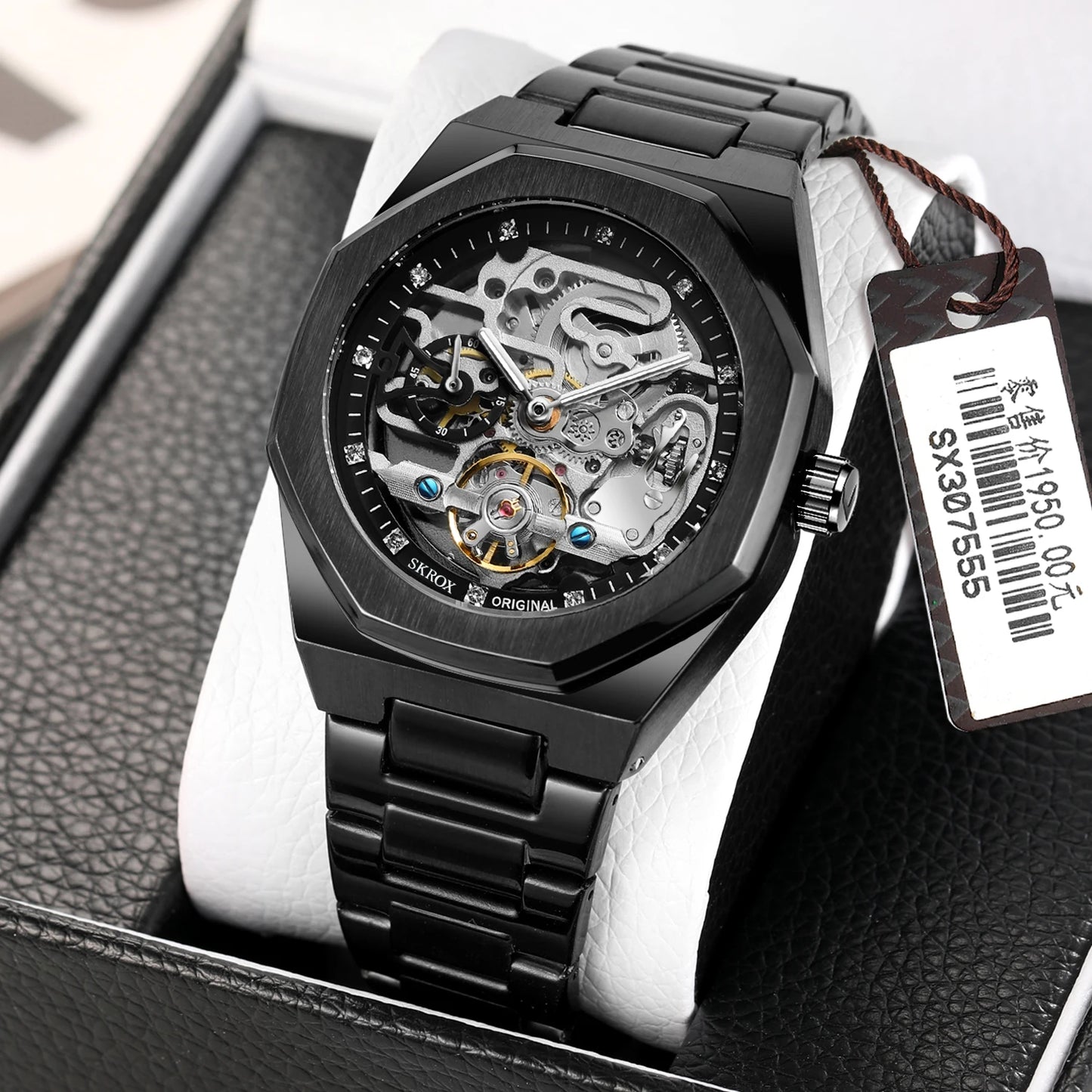 2024SKROX Luxury Gold Diamond Octagonal Automatic Clock Man Watch Elegant Stainless Steel Skeleton Mechanical Male Wrist Watches