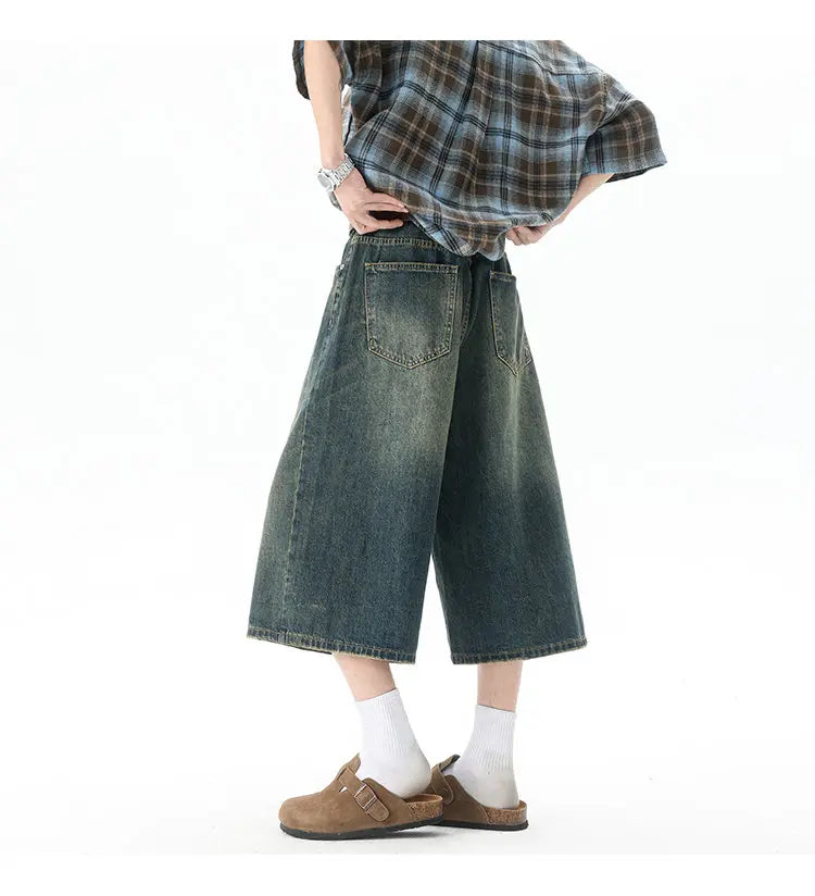 Multi-pockets Cargo Pants Summer Short Jeans Breeches Hip Hop Streetwear Baggy Denim Shorts Casual Wide-leg Capris Pants 5XL-M