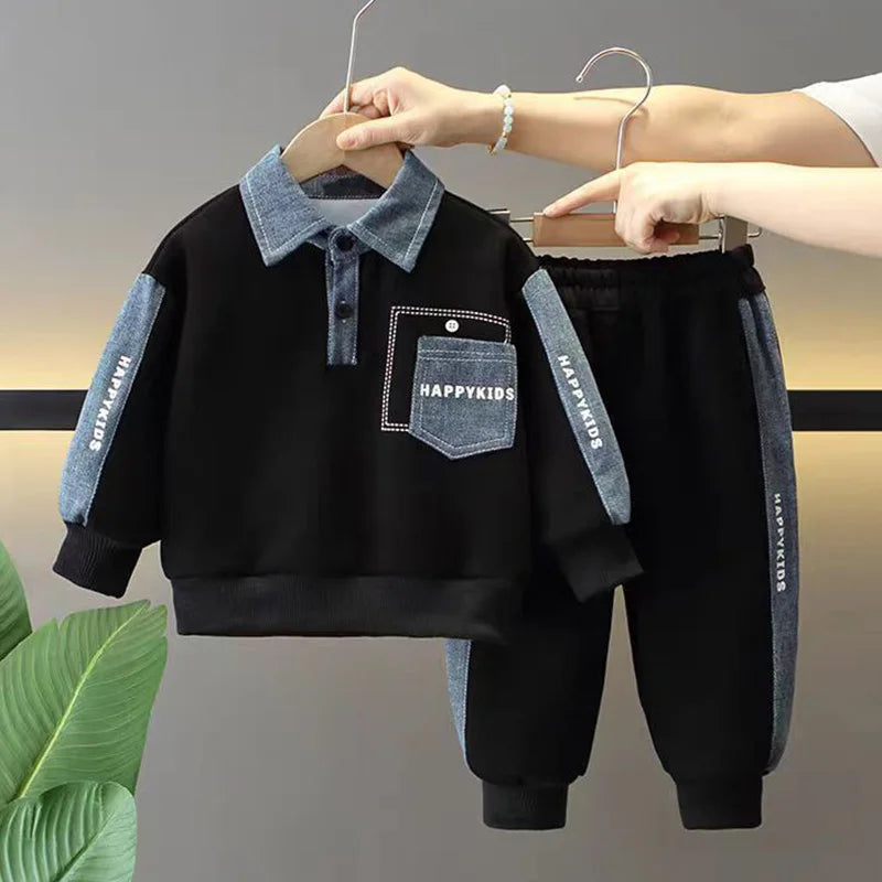 2026 Toddler Boys Clothes Set Spring Autumn Polo Collar Long Sleeve Sweatshirt Pants 2 Piece Outfits Kids Boys Casual Tracksuit