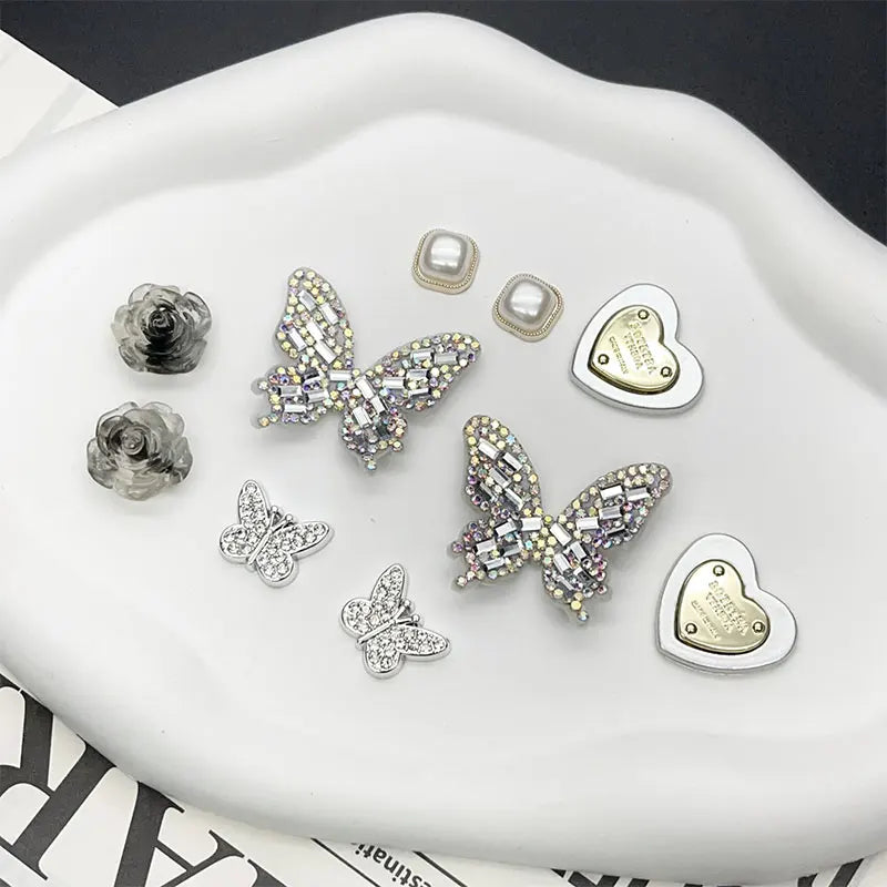 Sparkling Butterfly Flower Pearl Shoe Charms for Crocs Black White Set Clogs Pins Slipper Accessories Garden Sandals Girl Gift