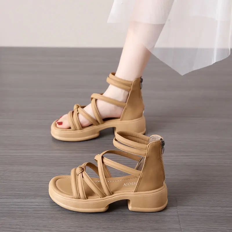 Thick Heel Women Sandals Women's New Hollow Open Toe Shoes Fashion Casual Sandals Female Designer Flat Roman Shoes Summer 2025