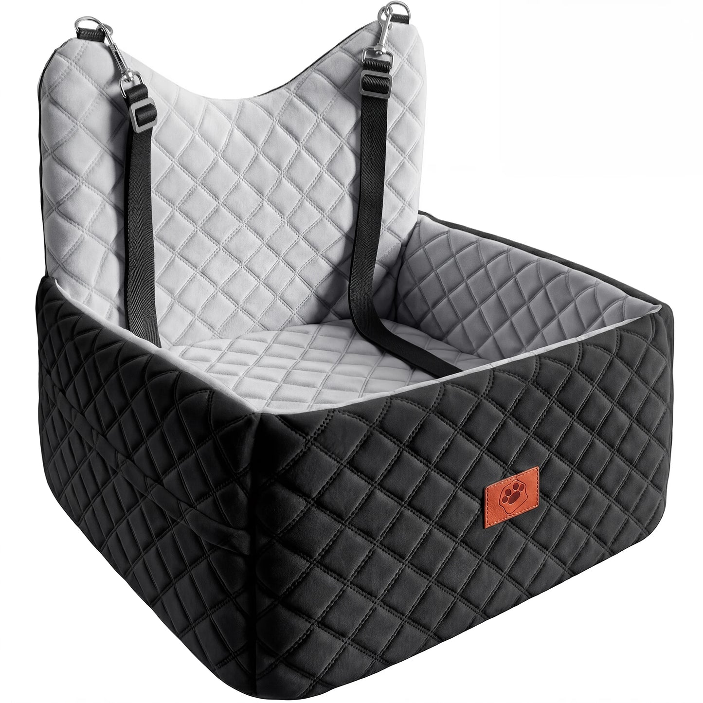 Dog Car Seat for Small Medium Dogs, Memory Foam Pet Travel Bed, Non-Slip Cushion with Safety Belts & Side Storage, Under 35lbs