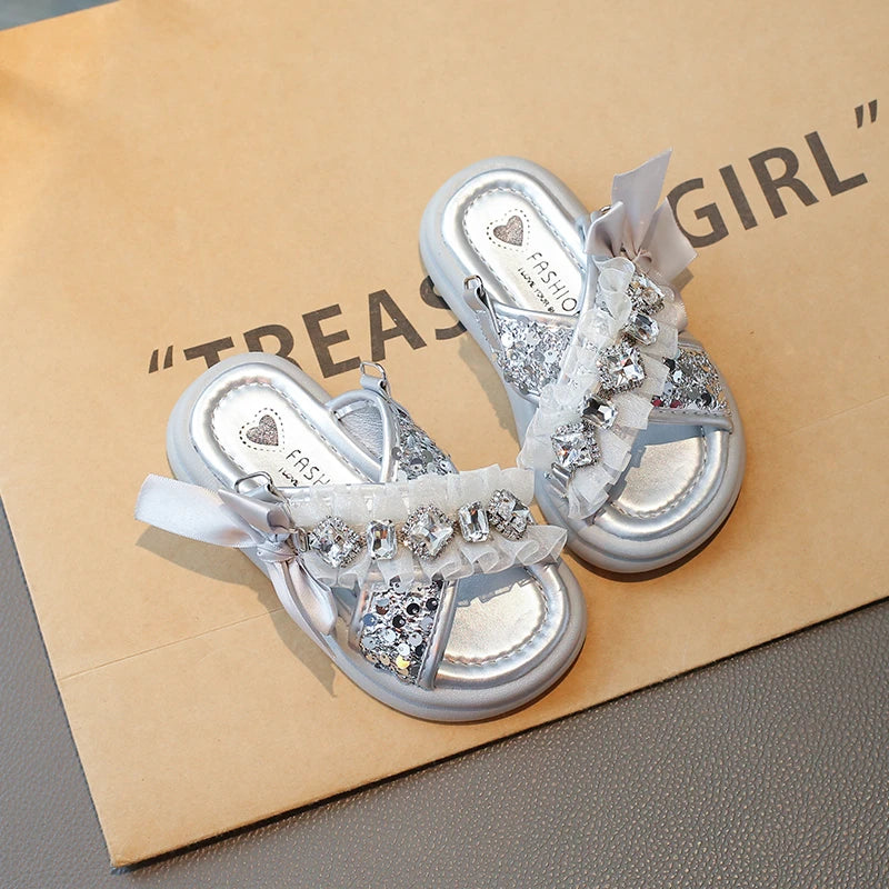Kids'Casual Shoes Fashion Sandals PU Leather Crystal Sequin Summer Shoes For Girls Breathable Silver Shoes Size 26-37