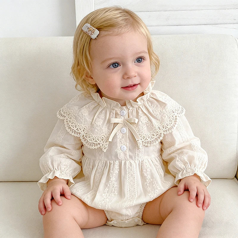 0-2Yrs Newborn Bodysuit Spring Autumn Clothes Baby Romper Lapel Collar Princess Bow Romper Long Sleeves Infant Girl Jumpsuit