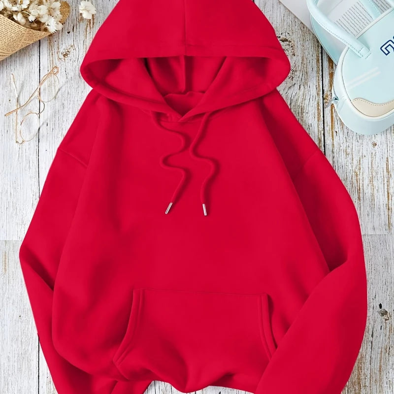 Casual Street Sweatshirt, Women's Solid Color Pullover Hoodie, Sport Style, Adjustable Drawstring Hood and Kangaroo Pocket