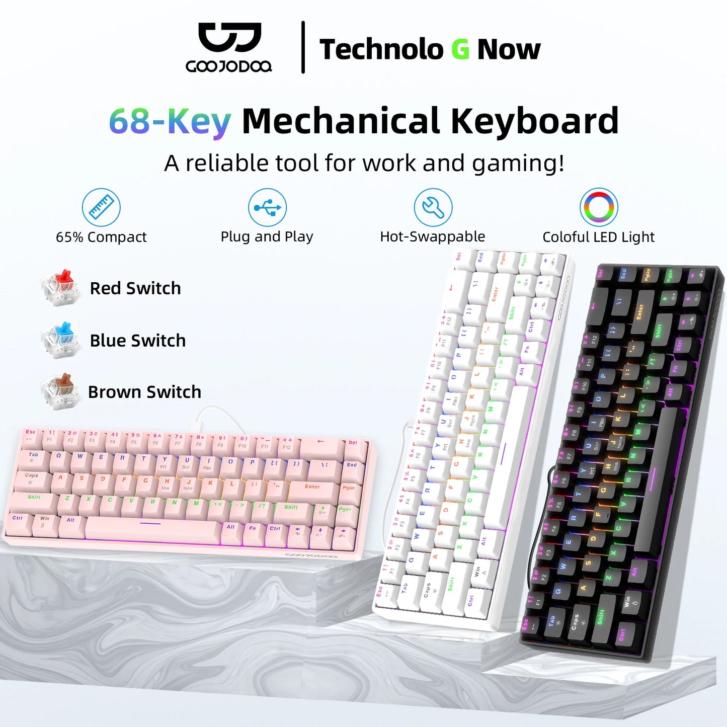 GOOJODOQ 68 Key Wired Work Gaming Mechanical Keyboard Red Switch RGB Light for Window Laptop Macbook Android Desktop