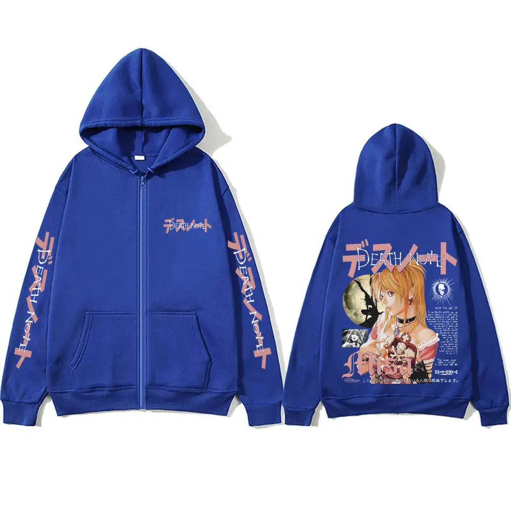 Japanese Anime Death Note Misa Zipper Hoodie Men Women Casual Oversized Cotton Zip Up Jacket Unisex Vintage Zip Up Sweatshirt
