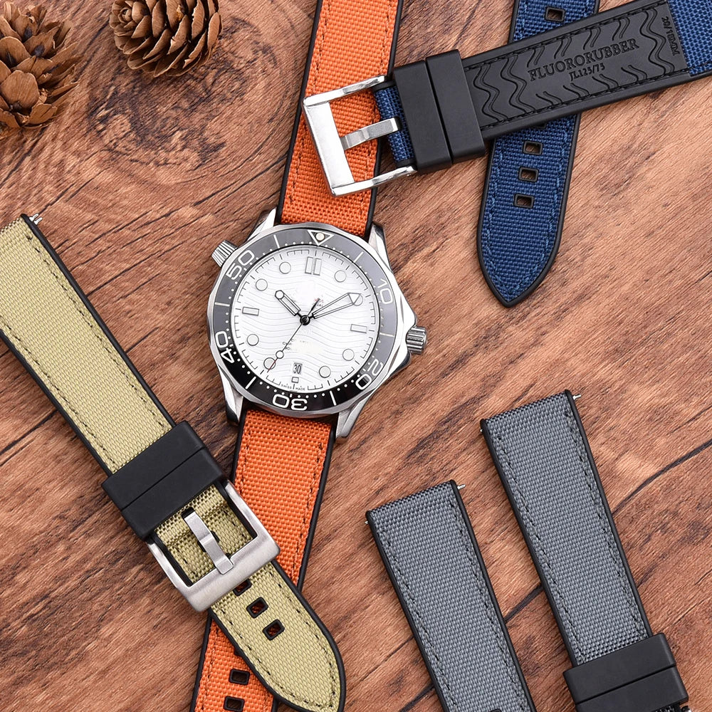 High Quality FKM Canvas Watch Strap 20mm 22mm Hybrid Fluoro Rubber Nylon Watchbands Quick Release For Each Brand Diving Watches