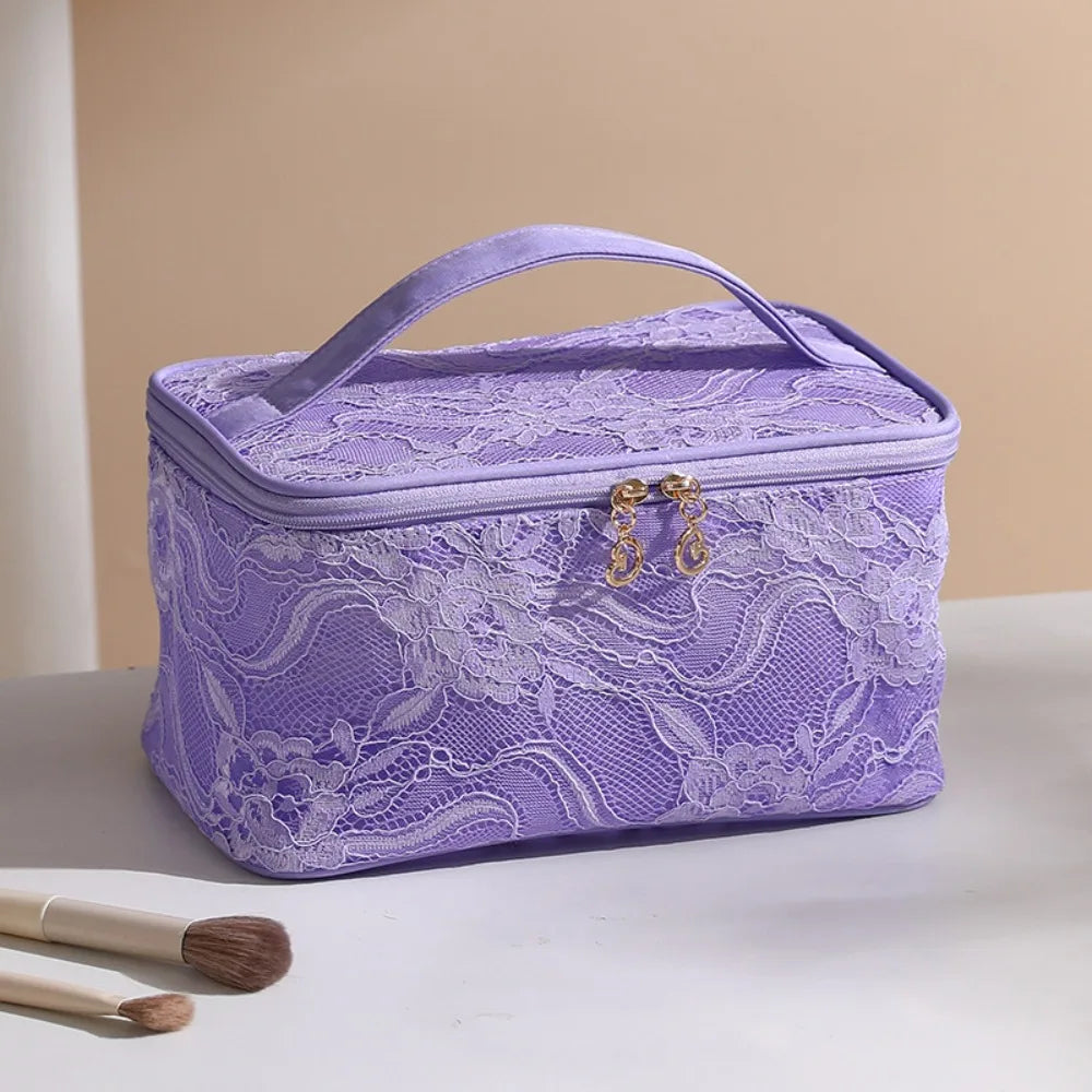 Makeup Bag Elegant Portable Makeup Bag Lace Floral Pattern Cosmetic Storage Bag Large Capacity with Handle Handbag for Women