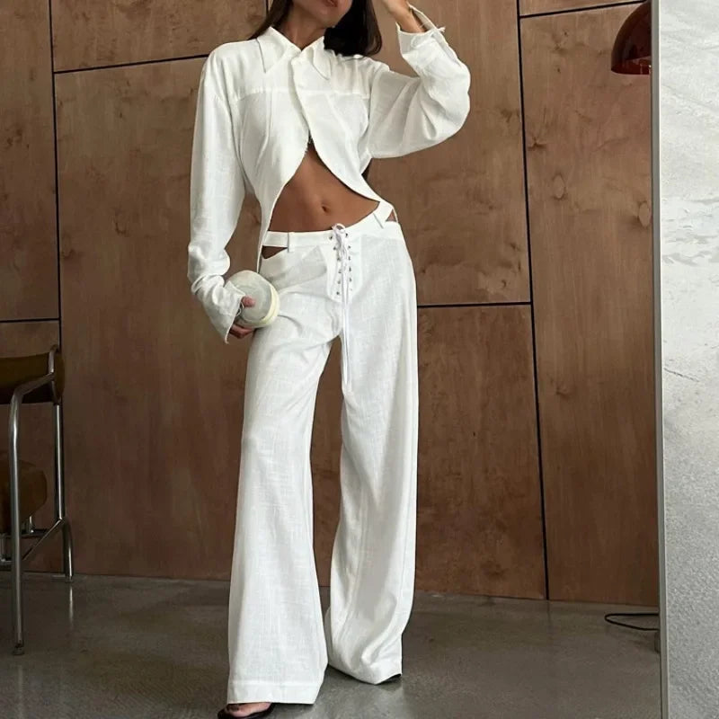 INS Loose Tracksuit Elegant Women Trousres Set Y2K Outfits Long Sleeve Irregular Blouse Top Lace Up Wide Leg Pants Two Piece Set