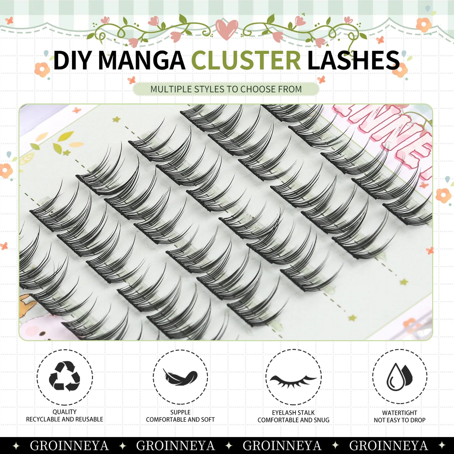GROINNEYA Manga Cluster Lashes DIY Eyelash Extension Natural Individual Lashes Natural Curl Lash Clusters Makeup At Home