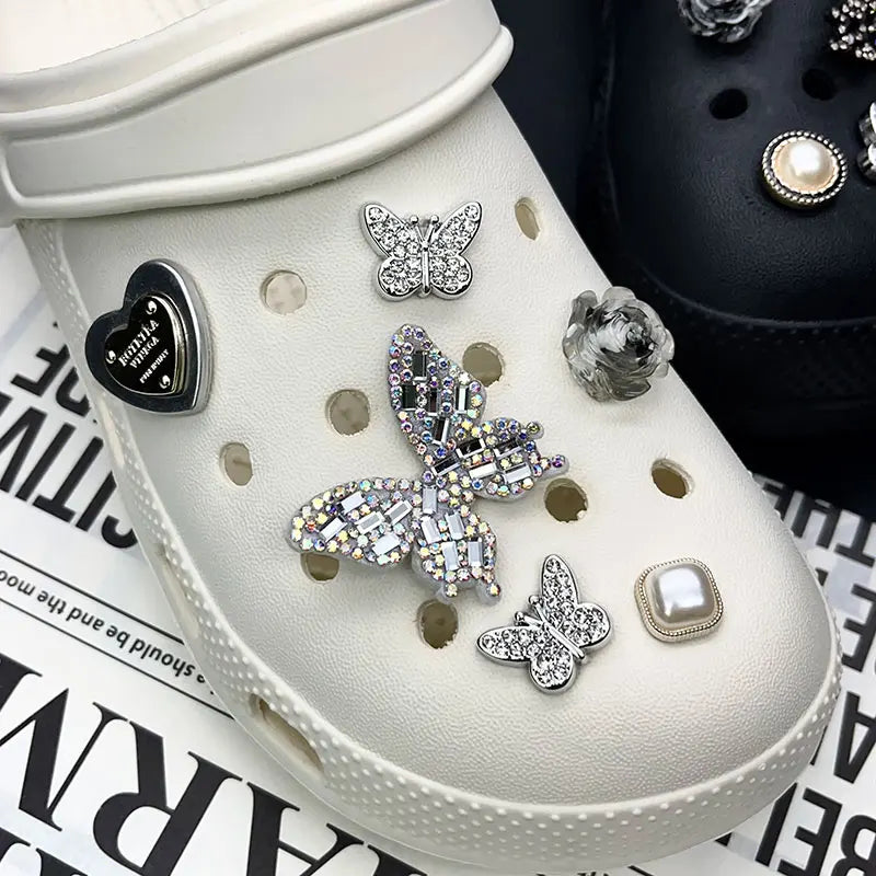 Sparkling Butterfly Flower Pearl Shoe Charms for Crocs Black White Set Clogs Pins Slipper Accessories Garden Sandals Girl Gift