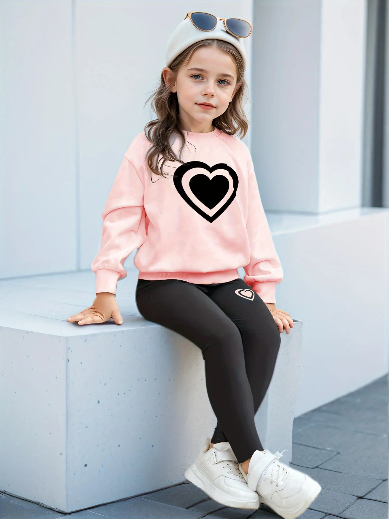 Children's Clothing Girls 2Pcs Cartoon Love Print Fashion Casual Long-Sleeved Sweatshirts and Leggings Pink Sweatshirt with Black Pants Set