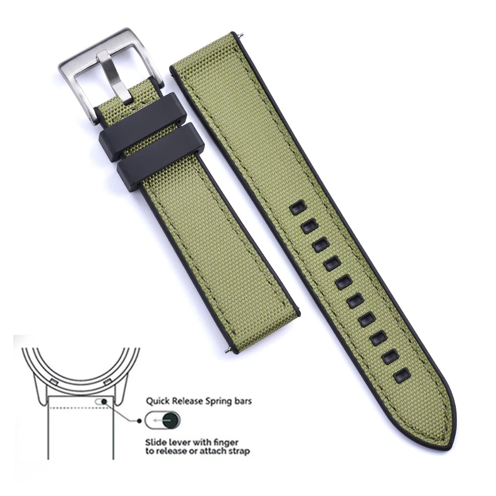 High Quality FKM Canvas Watch Strap 20mm 22mm Hybrid Fluoro Rubber Nylon Watchbands Quick Release For Each Brand Diving Watches