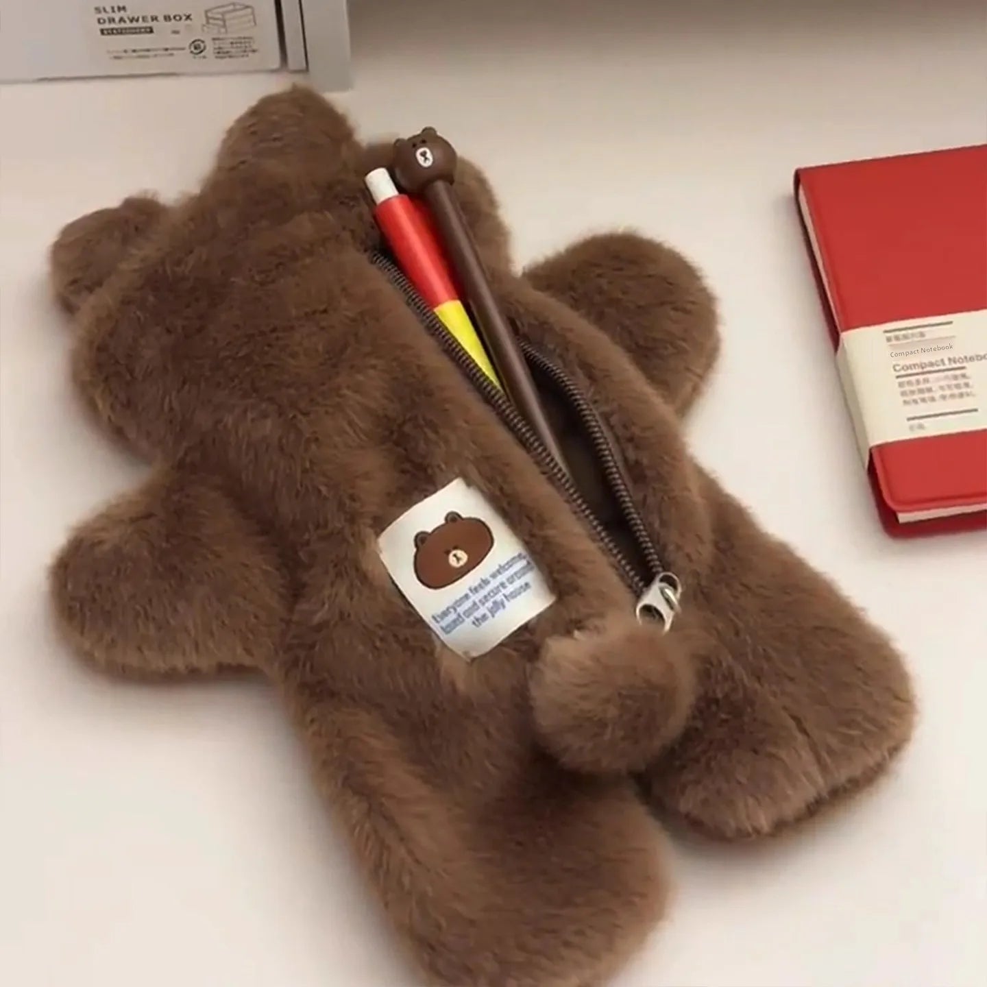 Kawaii Plush Brown Cartoon Bear Alien Pencil Case Student Stationery Large Capacity Storage Pen Bag Cute Girl Makeup Bag Gifts