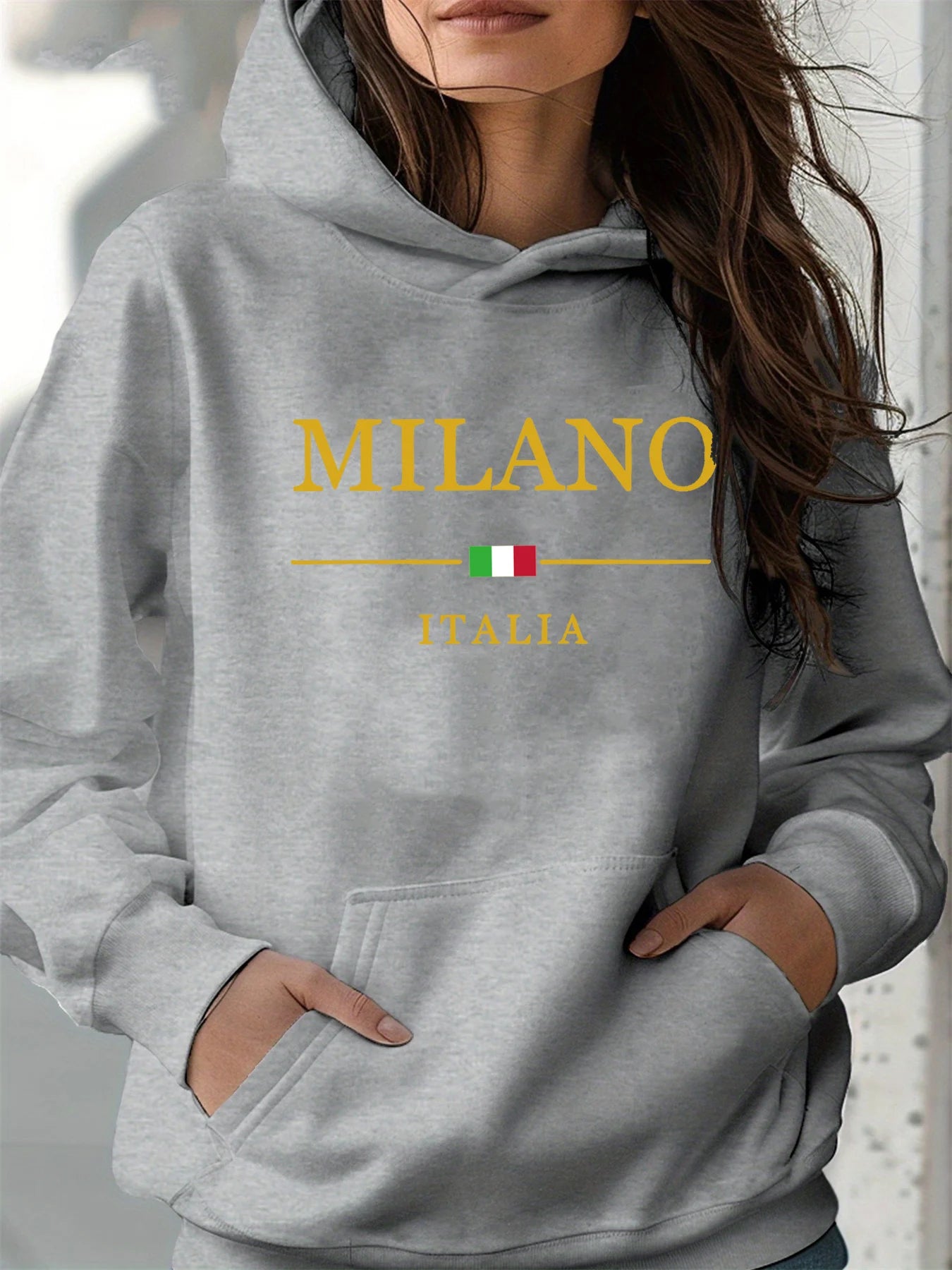 Women's autumn and winter warm and loose casual MILANO ITALIA pattern printed suede long sleeved hooded sweatshirt