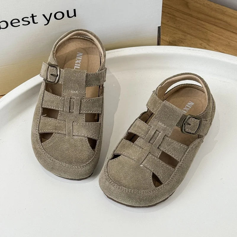 Children' Simple Elegant Baotou Sandals 2026 Summer New Product Genuine Leather Casual Comfortable Single Shoes Boys Girls Suede