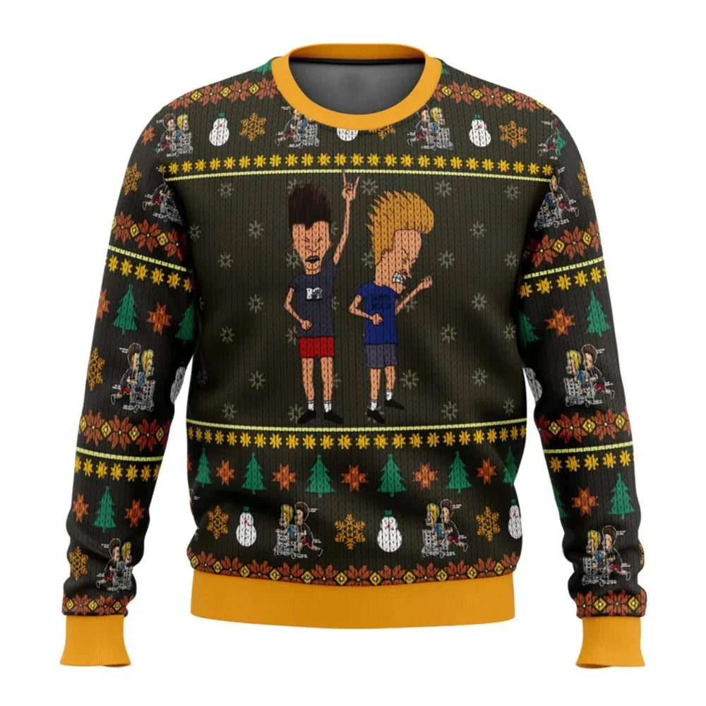 Xmas Rock Beavis and Butthead Ugly Christmas Sweater Cartoon Anime Women Men Pullover Tops New Fashion Couple Hoodie Sweatshirt