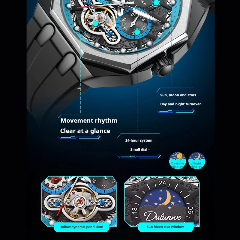 Red Second Hand Tourbillon Mechanical Watch for Men Luminous Hands Business Automatic Mens Watches Top Brand Luxury Steel Strap
