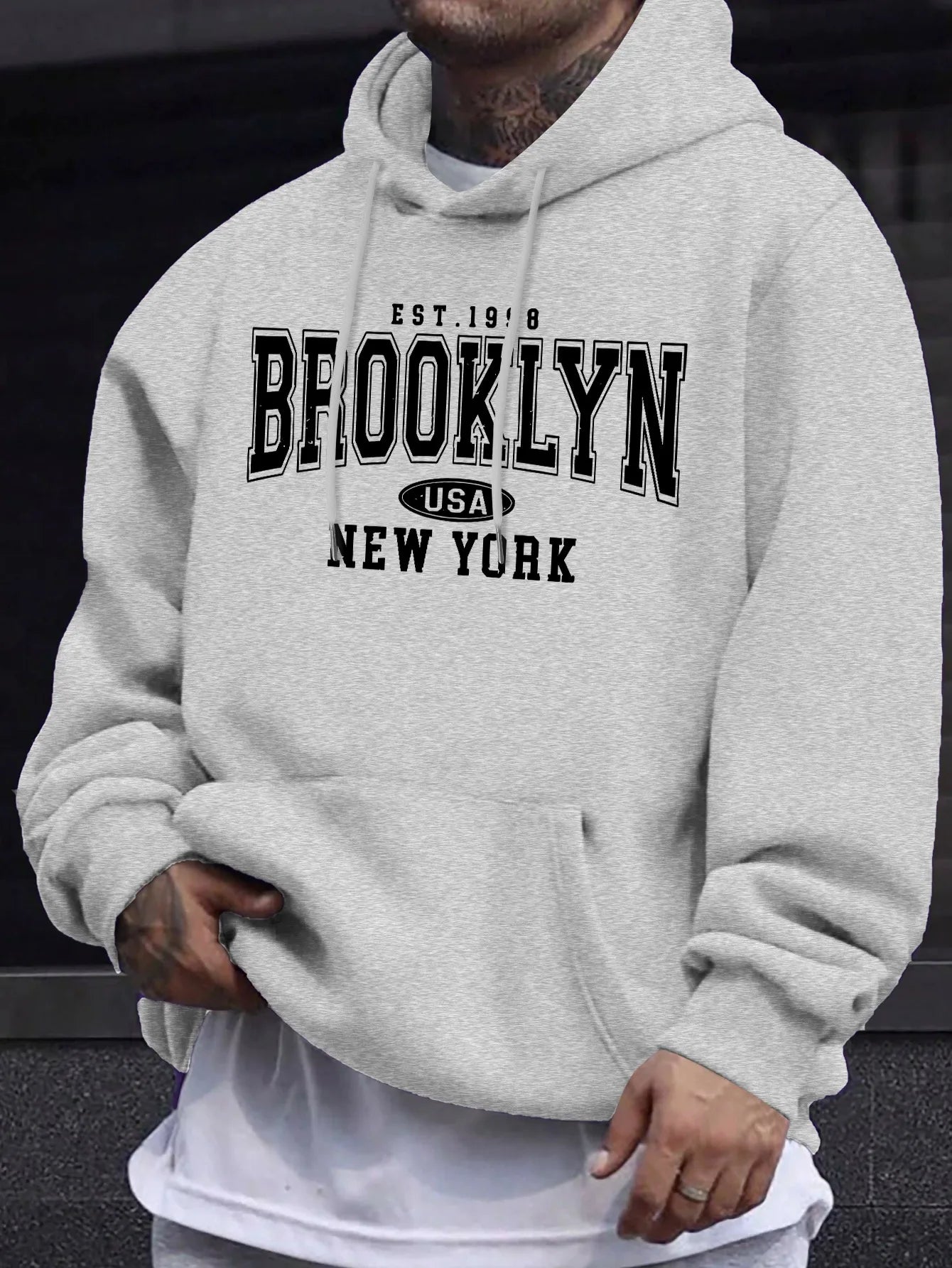 Men's autumn and winter casual fashion loose Brooklyn New York letter printed long sleeved hooded sweatshirt warm pullover