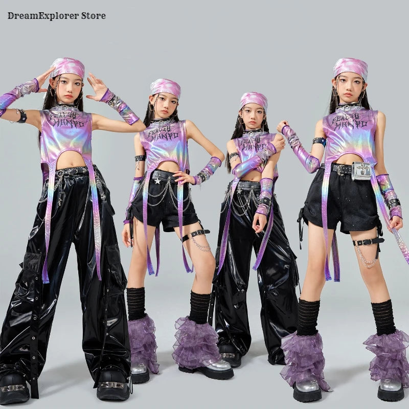Girls Hip Hop Shiny Crop Top Silver Cargo Pants Kids K-pop Jazz Stree Dance Clothes Sets Children Streetwear Girl Group Costume