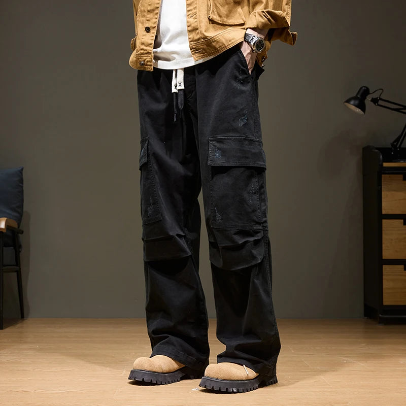 Baggy Wide-leg Cargo Pants Men's 100% Cotton Multi-pocket Splicing Outdoor Loose Straight Autumn Trousers Fashion Streetwear