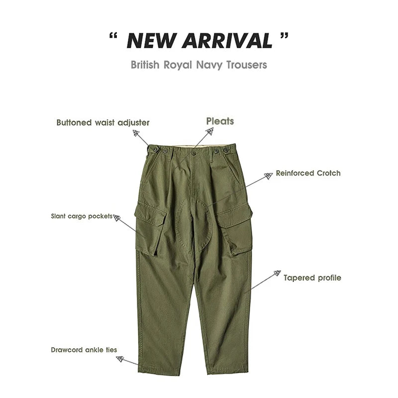 Men's vintage British Royal Navy pants, pure cotton tapered cargo pants, all-season casual large-pocket straight-cut long pants