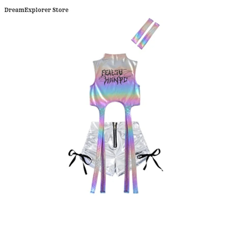 Girls Hip Hop Shiny Crop Top Silver Cargo Pants Kids K-pop Jazz Stree Dance Clothes Sets Children Streetwear Girl Group Costume