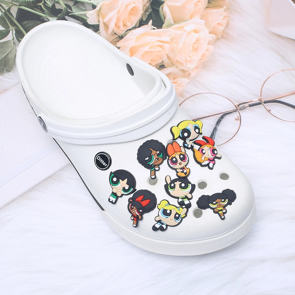 1-9pcs Power Girl Cartoon PVC Shoe Charms DIY Sandals Shoe Buckles Pins Series Shoe Decoration Accessories Friends Gifts