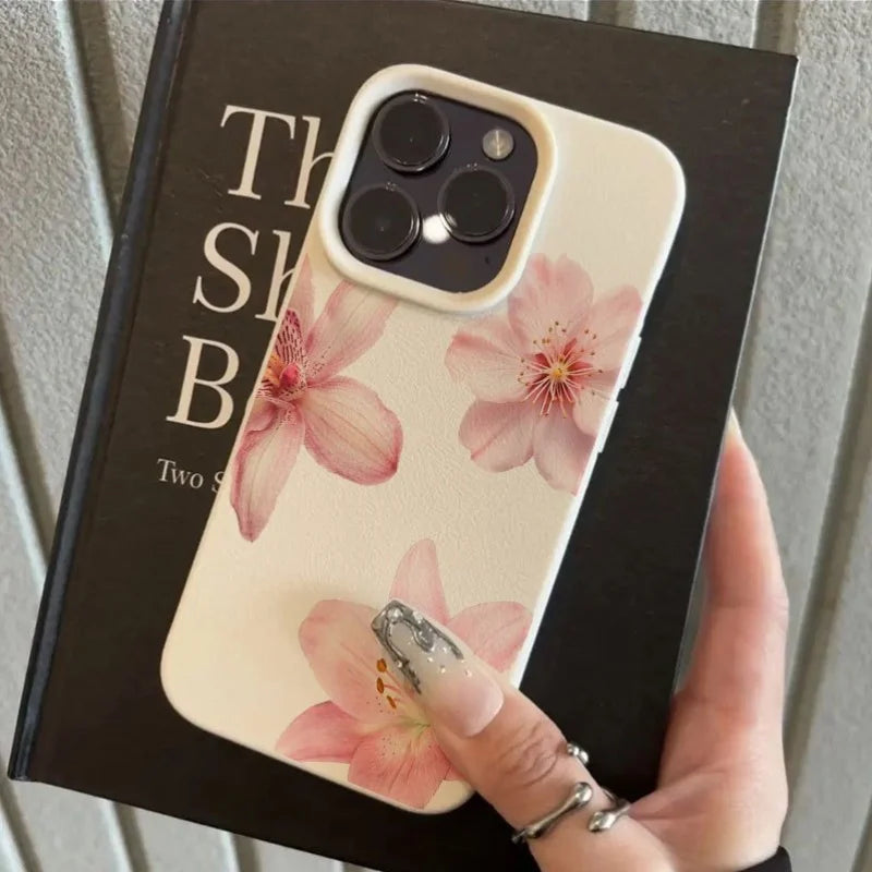 Hibiscus Rosa-Sinensis Imitation Leather Phone Case for iPhone 16 E 15 14 Plus 13 12 11 Pro Max XS Max XR XS X Shockproof Cover