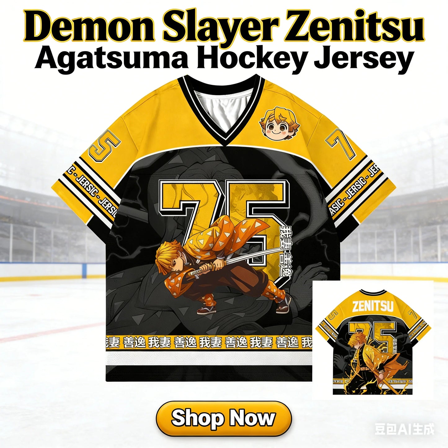 Demon Slayer Zenitsu Agatsuma Anime Series Fashion 75 Jersey Oversize Kpop Baseball Hockey Outfit T-shirt Daily Unisex Tops Tees