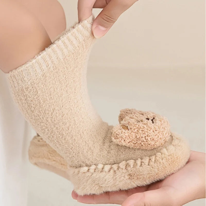 Autumn Winter Infant Leather Sole Shoes Mink Velvet Thicken Warm Newborn Baby Walking Socks Shoe Cartoon Bear Kids Floor Socken